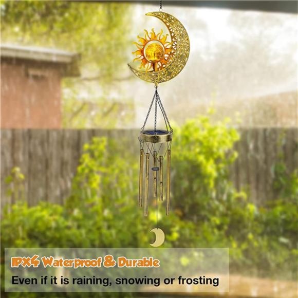 Sun Moon Solar Wind Chimes for Outside Crackle Glass Ball Waterproof Wind Chimes - Picture 4 of 6